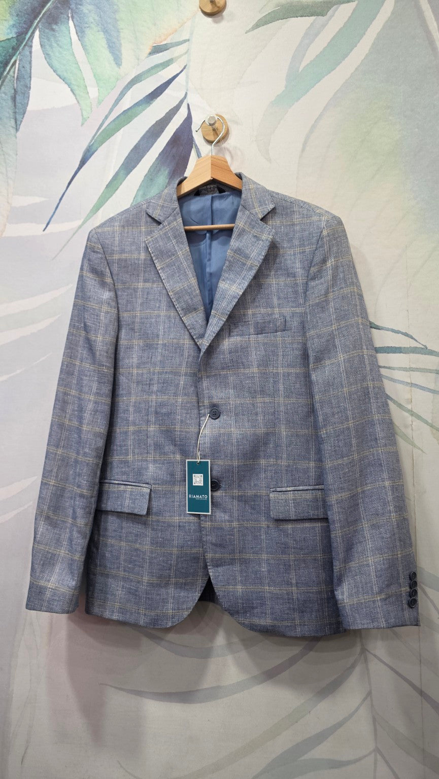 Giacca uomo Fercar Classic in puro lino azzurro a quadri, taglia 46, vista frontale completa