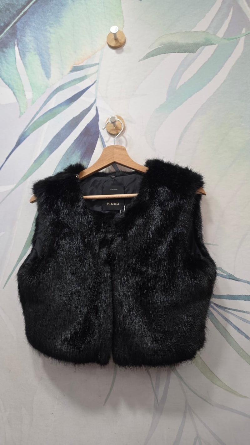 PINKO – Gilet corto nero in pelliccia ecologica – Taglia 40