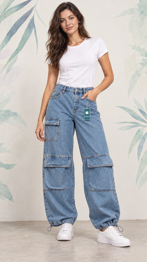 Jeans cargo B Angel azzurri taglia IT 44: immagine illustrativa con modella, capo interamente visibile