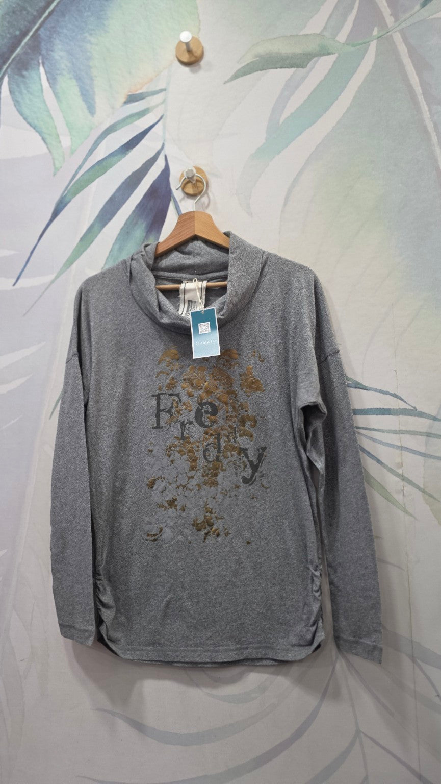 Maglia Freddy grigia mélange con collo morbido e stampa frontale, taglia L