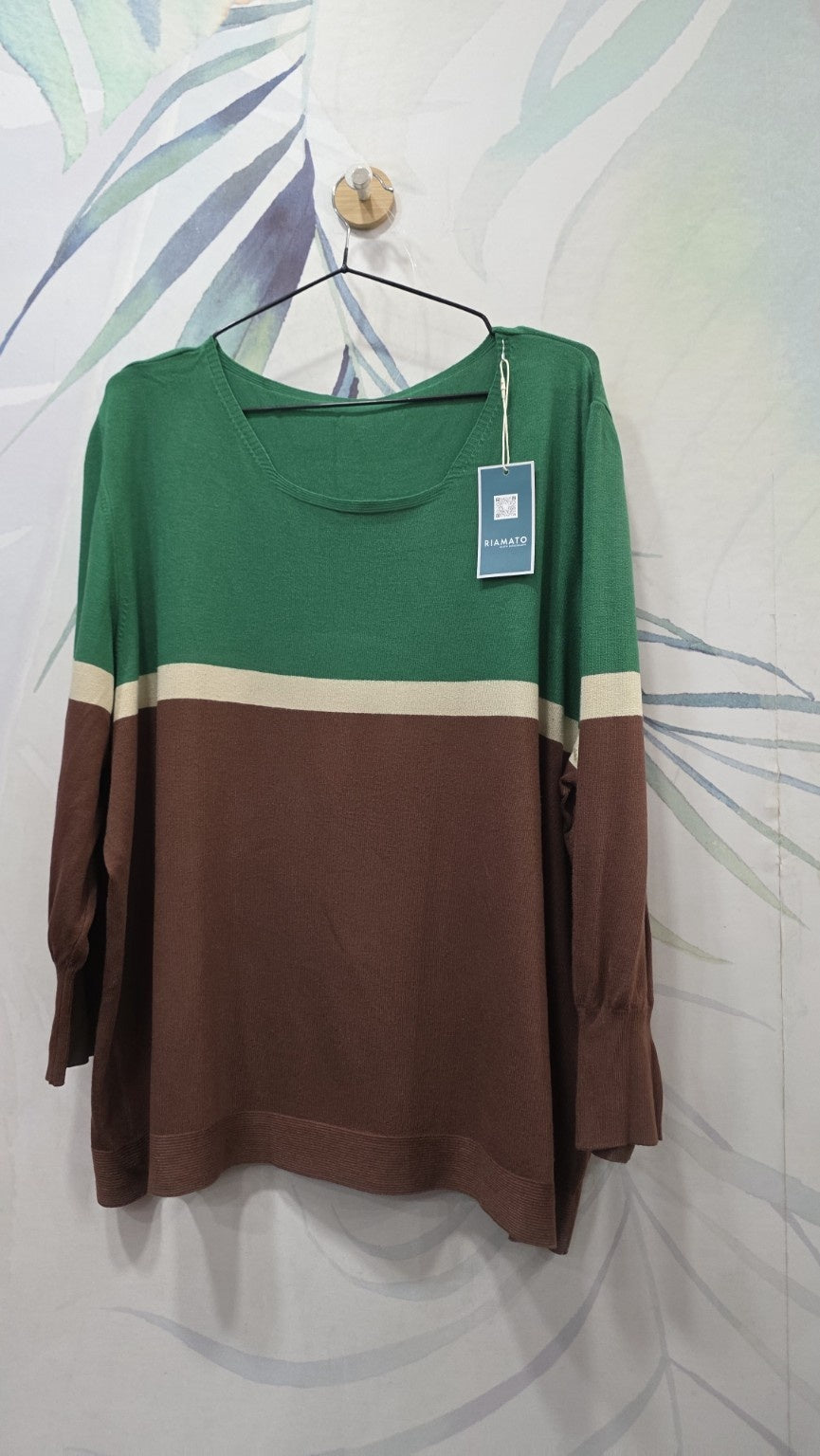 Maglia in viscosa verde e marrone con fascia beige, taglia XXL – RIAMATO