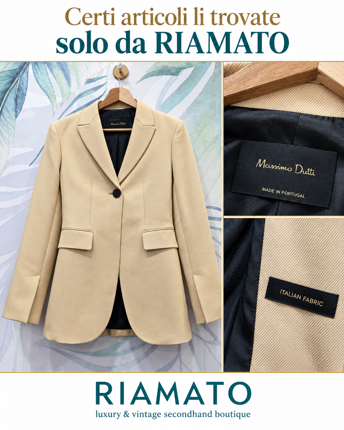 Blazer Massimo Dutti beige in pura lana con dettagli dell'etichetta e del tessuto italiano