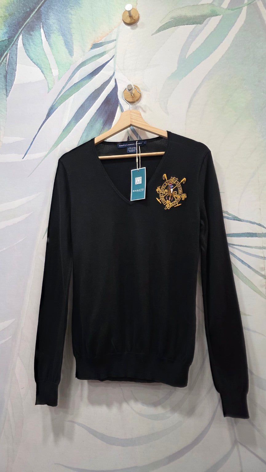 Maglia Ralph Lauren Sport nera con scollo a V e stemma ricamato, taglia L