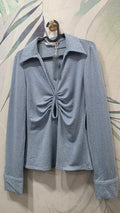 Maglia Zara celeste lurex taglia S con arricciatura e apertura centrale