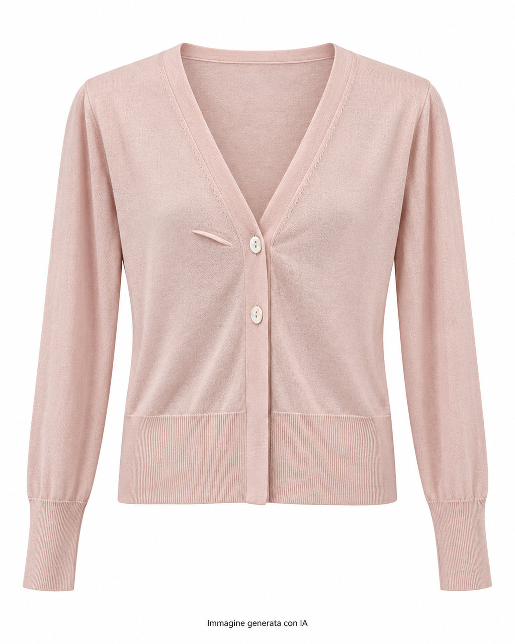 Cardigan Niama Woman rosa cipria, fronte intero su sfondo bianco – immagine generata con IA