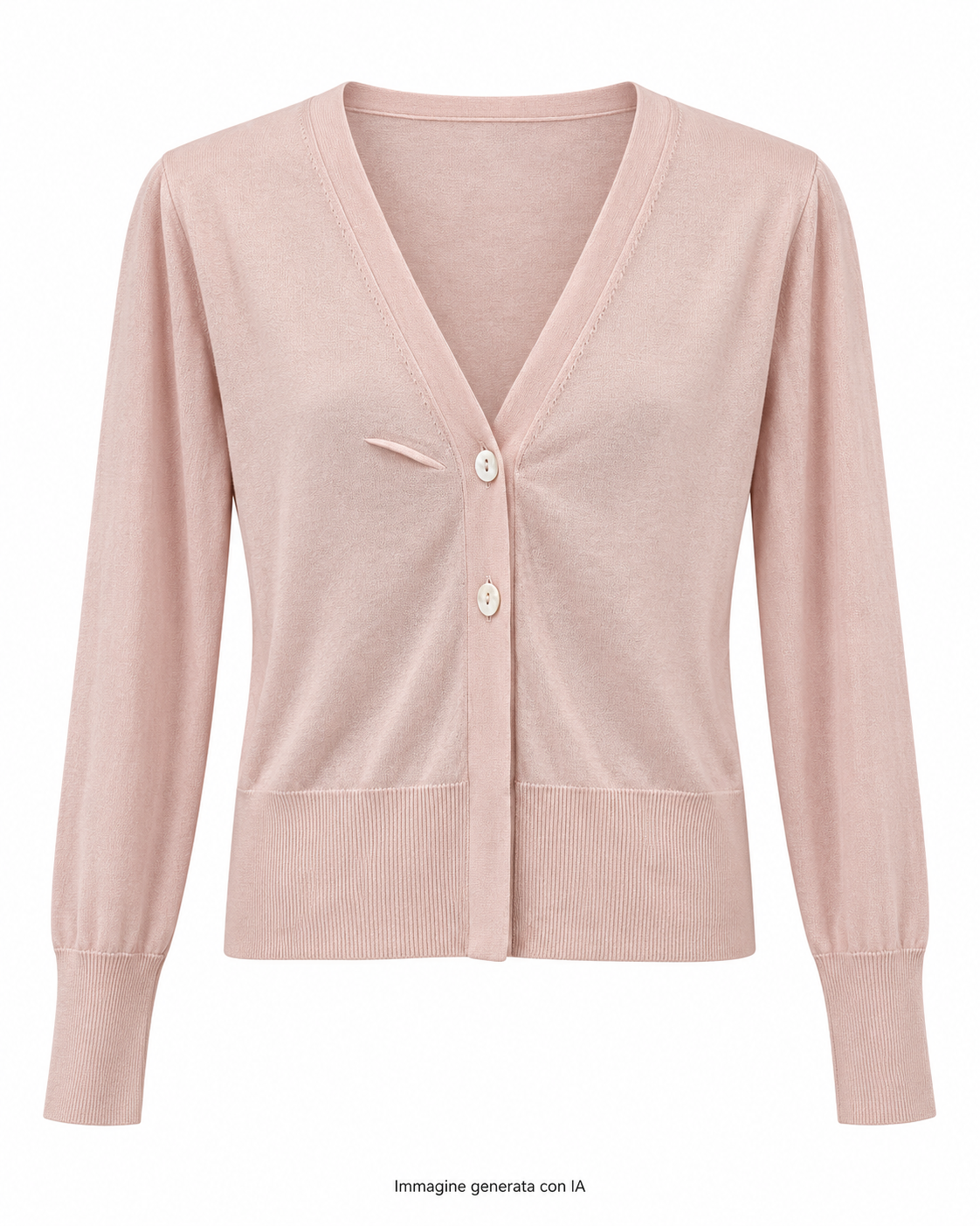 Cardigan Niama Woman rosa cipria, fronte intero su sfondo bianco – immagine generata con IA