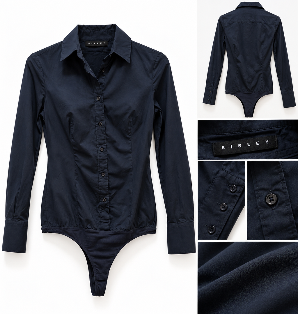 Sisley camicia body blu navy taglia XS, vista frontale e dettagli